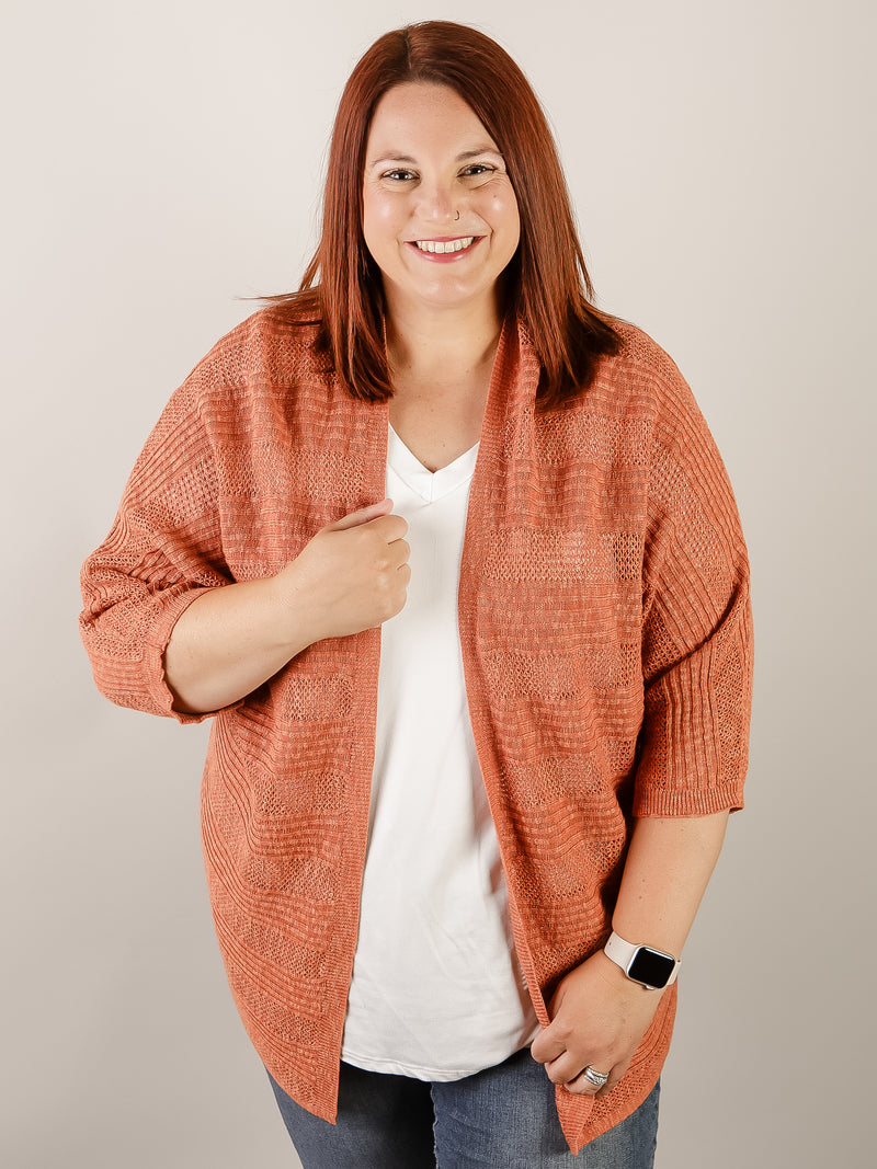 Breezy Solid Textured Striped Rust Cardigan