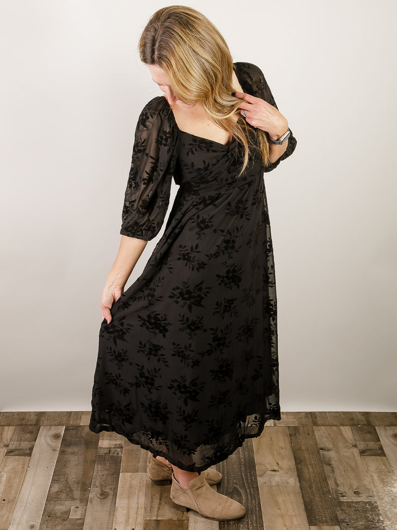 Black Velvet Floral Midi Dress