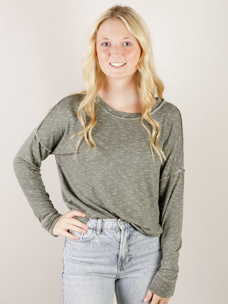 Olive Outside Seamed Marbled Knit Pullover