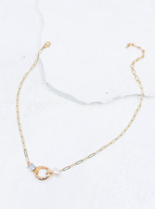 Worn Gold Freshwater Pearl with Open Circle on Paperclip Chain