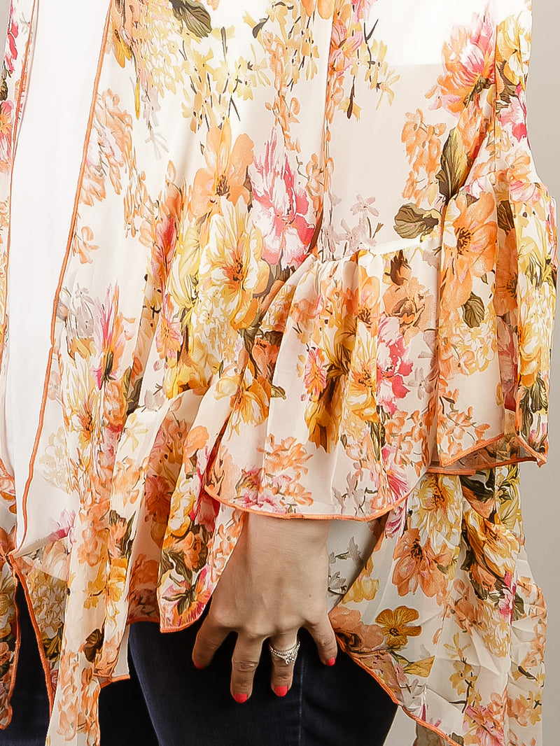 Coral Floral Bell Sleeve Kimono