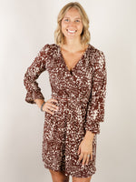 Brown and Cream Abstract Wrap Dress