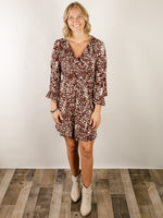 Brown and Cream Abstract Wrap Dress