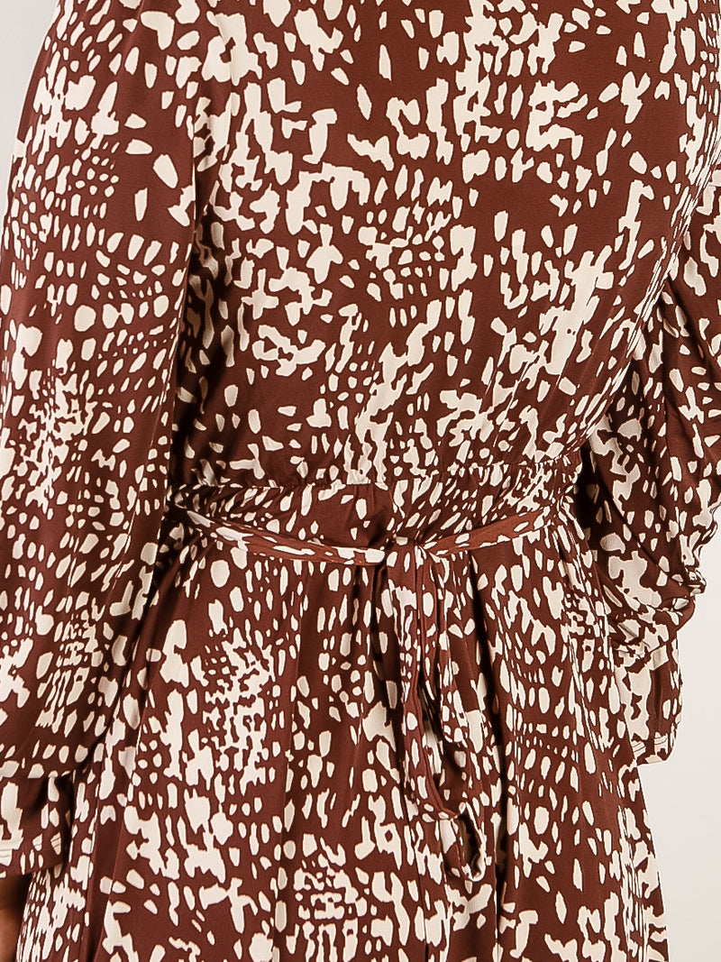 Brown and Cream Abstract Wrap Dress