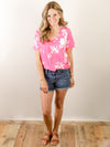 Hot Pink and White Floral Vneck Top
