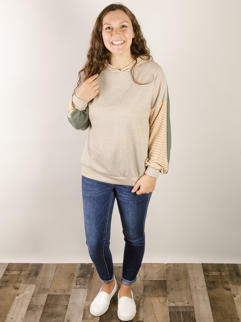 Taupe and Olive Color Block Striped Sleeve Hoodie