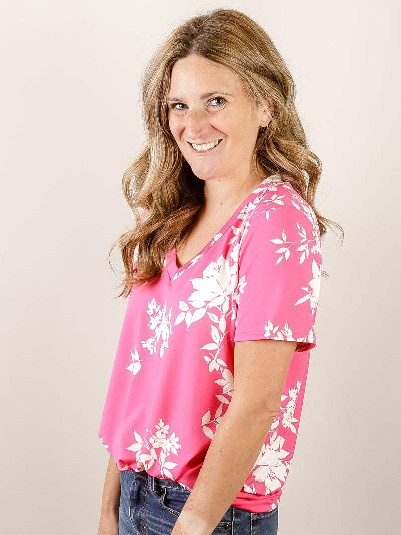 Hot Pink and White Floral Vneck Top