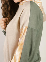 Taupe and Olive Color Block Striped Sleeve Hoodie