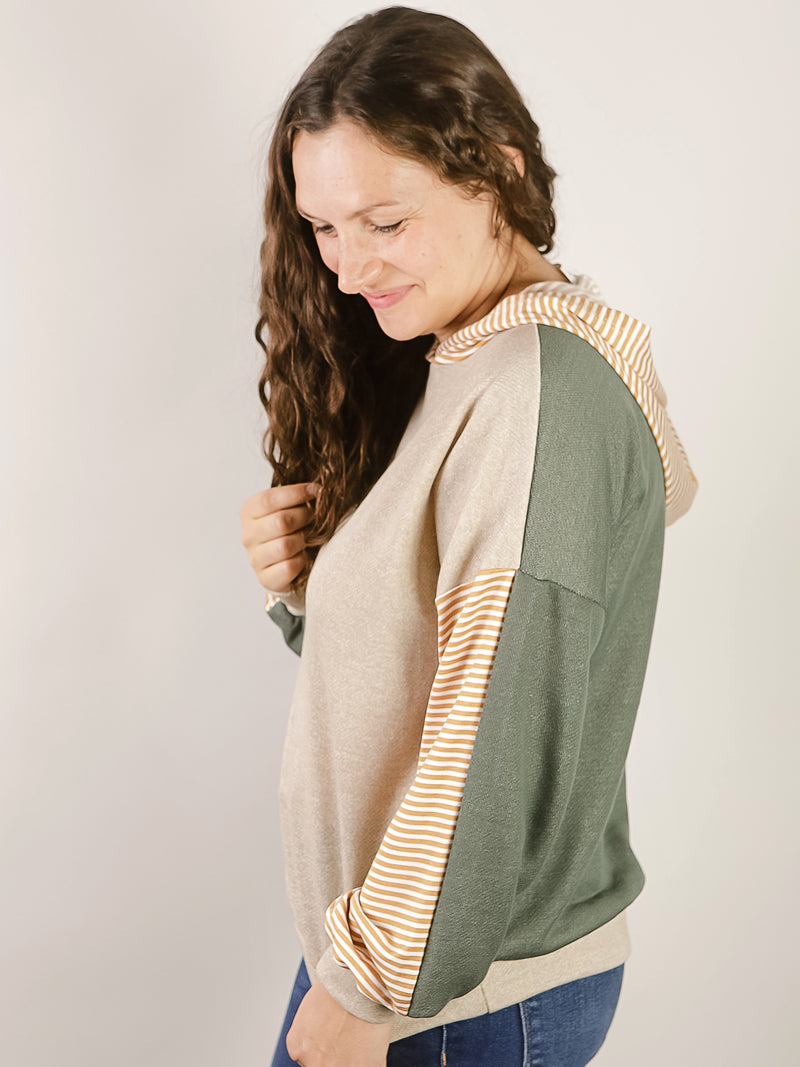 Taupe and Olive Color Block Striped Sleeve Hoodie