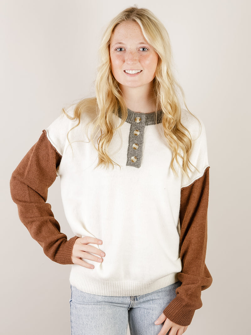 Oatmeal and Mocha Henley Sweater