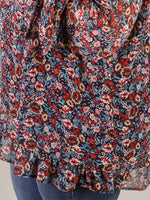 Curvy Navy Floral Ruffled Hem Blouse