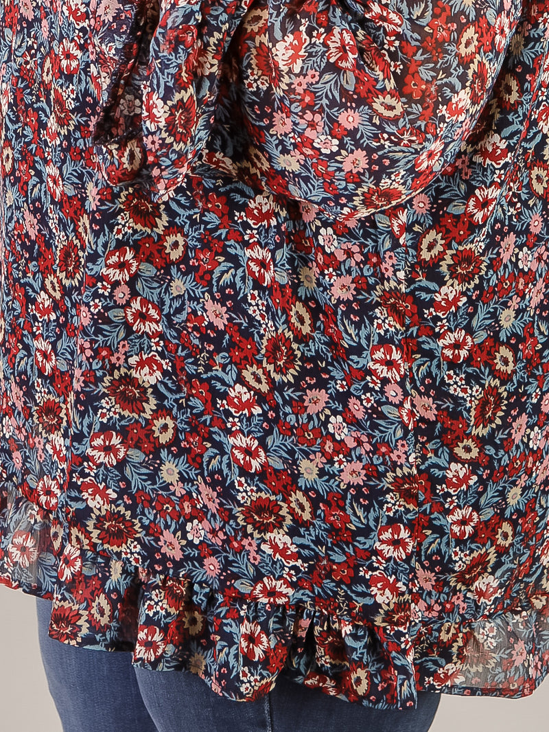 Curvy Navy Floral Ruffled Hem Blouse