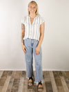 White with Black Geo Print Short Sleeve Blouse