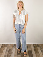 White with Black Geo Print Short Sleeve Blouse