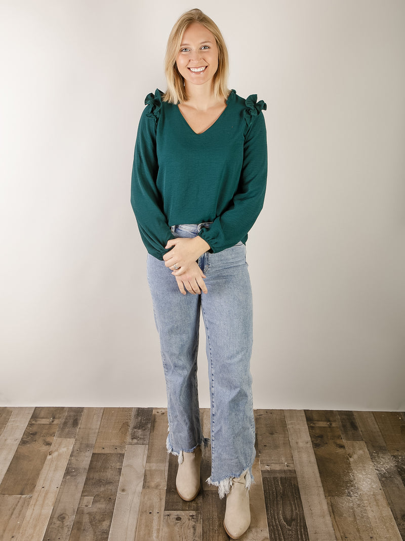 Hunter Green Ruffled Shoulder V-Neck Blouse