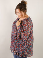 Curvy Navy Floral Ruffled Hem Blouse