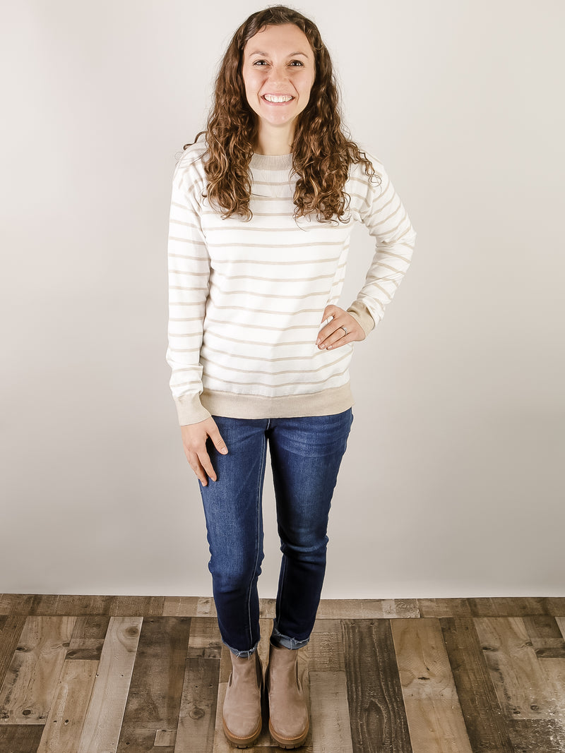 White and Beige Striped Pullover Sweater