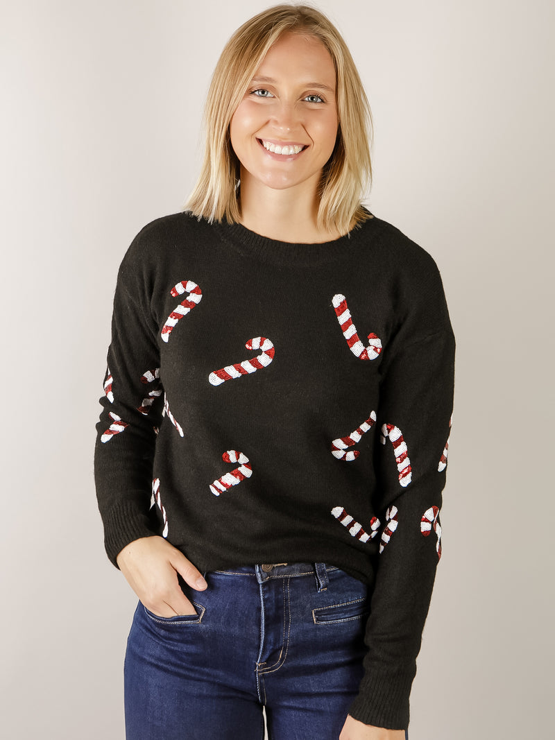 Black Sequin Candy Cane Sweater