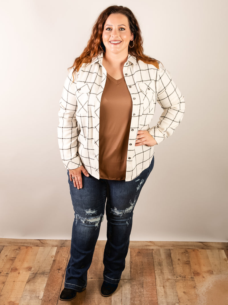 Curvy Cream Plaid Button Down with Suede Patch