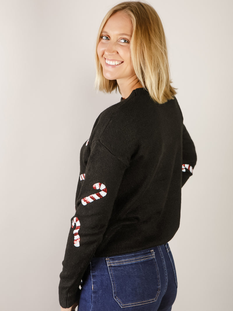 Black Sequin Candy Cane Sweater