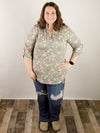 Curvy Teal Floral 3/4 Sleeve Top