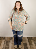 Curvy Teal Floral 3/4 Sleeve Top