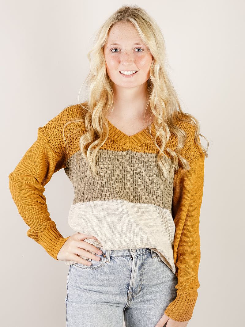 Mustard and Moss Colorblock V-Neck Sweater