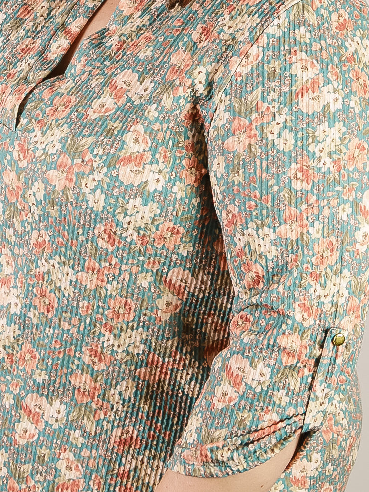 Curvy Teal Floral 3/4 Sleeve Top