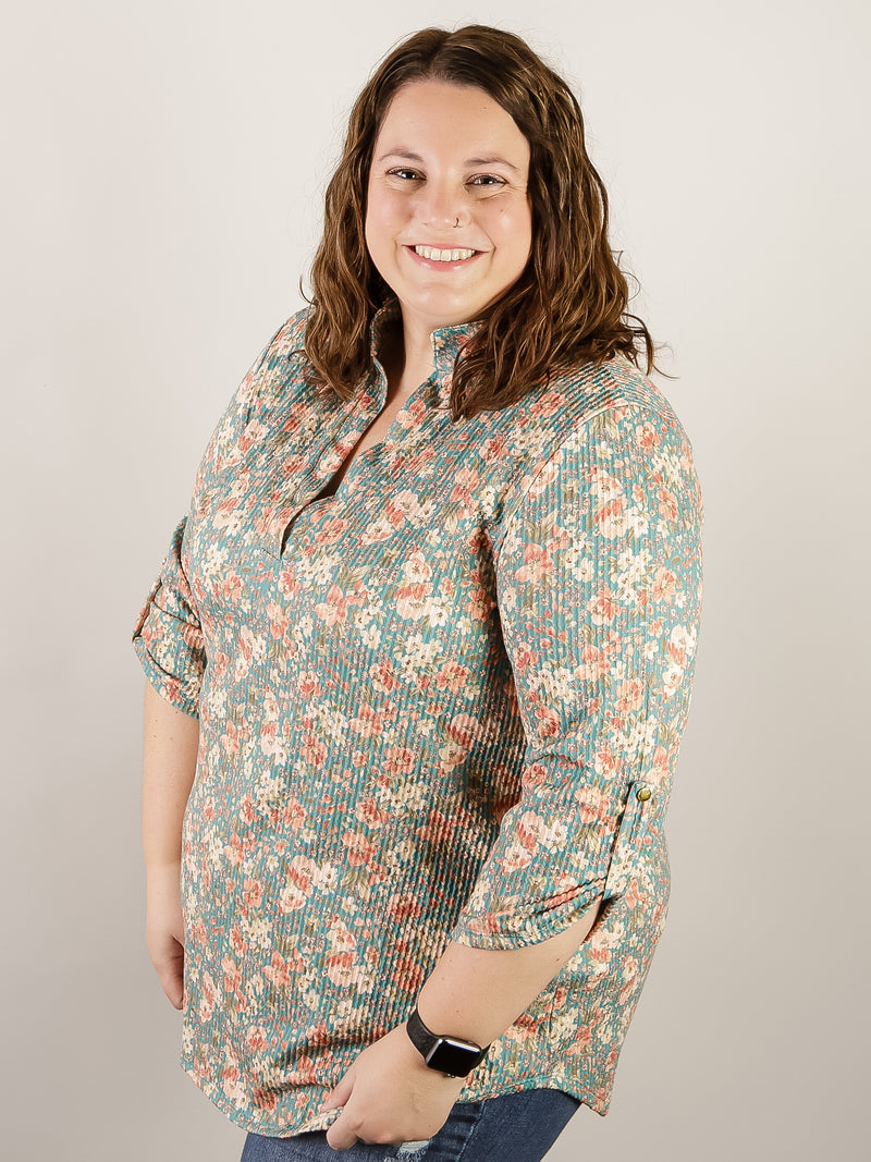 Curvy Teal Floral 3/4 Sleeve Top