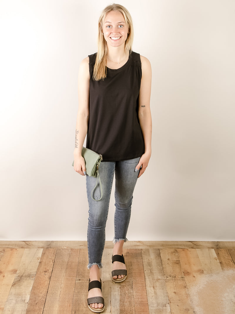 Black Sleeveless Knit with Smocked Shoulder
