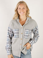 Grey and Blue Plaid Waffle Knit Hoodie