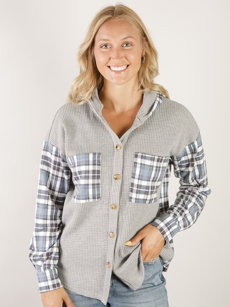 Grey and Blue Plaid Waffle Knit Hoodie