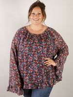 Curvy Navy Floral Ruffled Hem Blouse