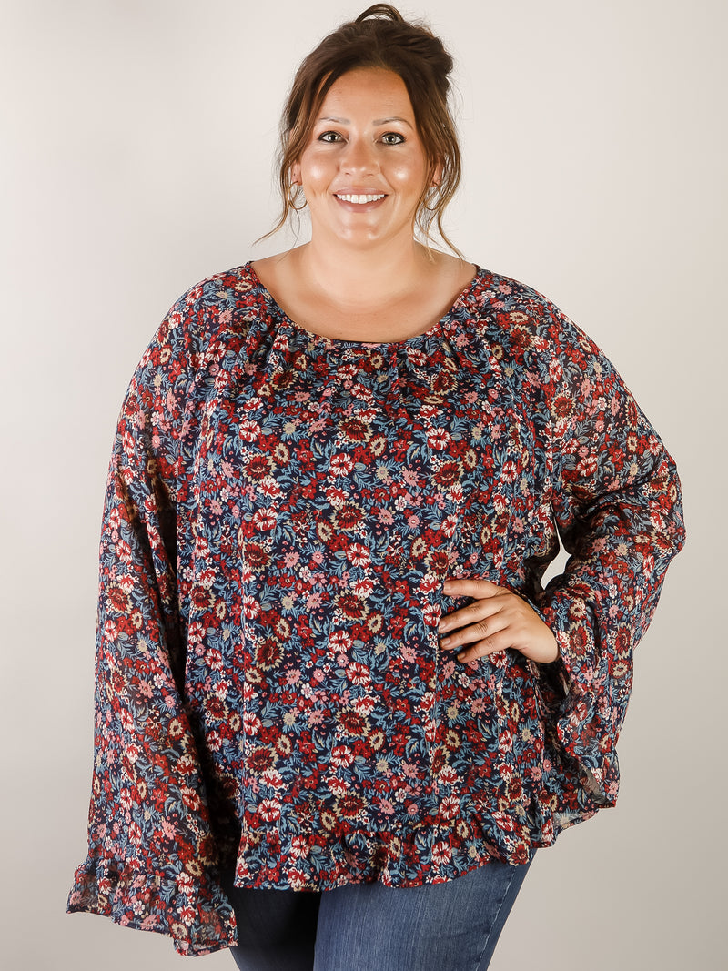 Curvy Navy Floral Ruffled Hem Blouse