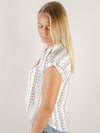 White with Black Geo Print Short Sleeve Blouse