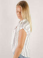 White with Black Geo Print Short Sleeve Blouse