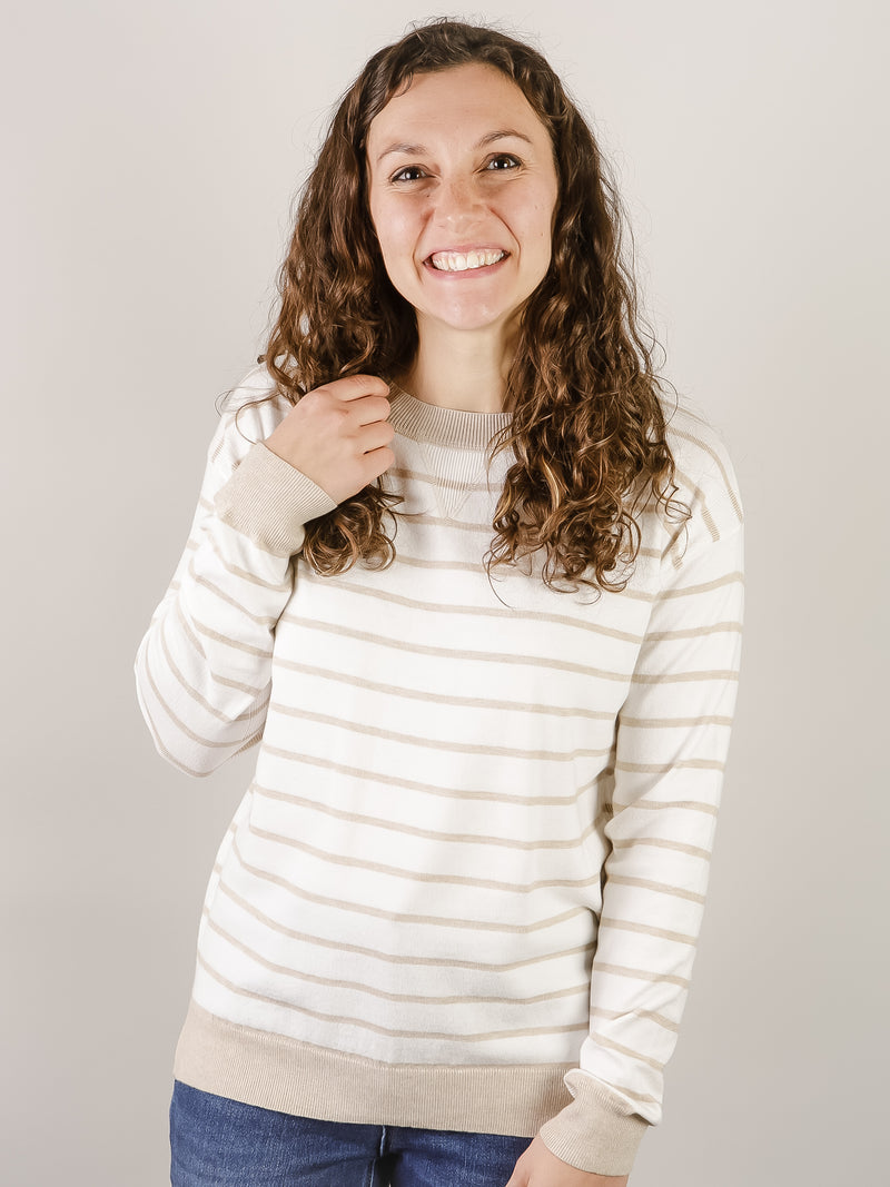 White and Beige Striped Pullover Sweater