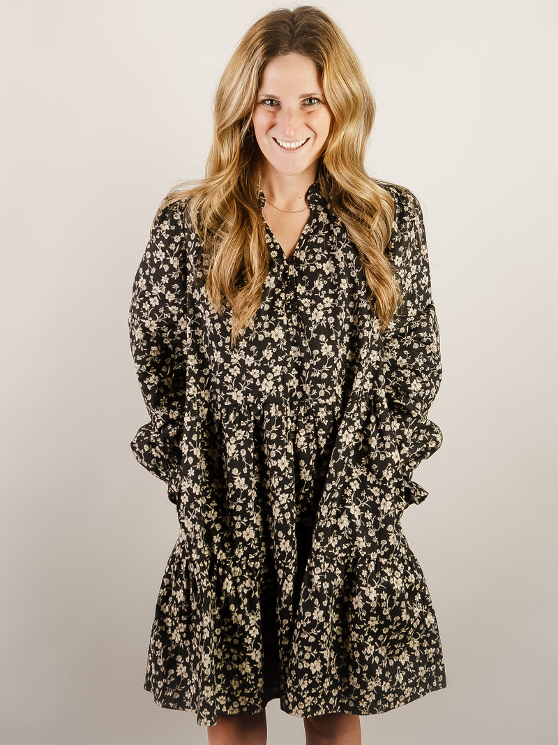 Black with Cream Floral Long Sleeve Dress