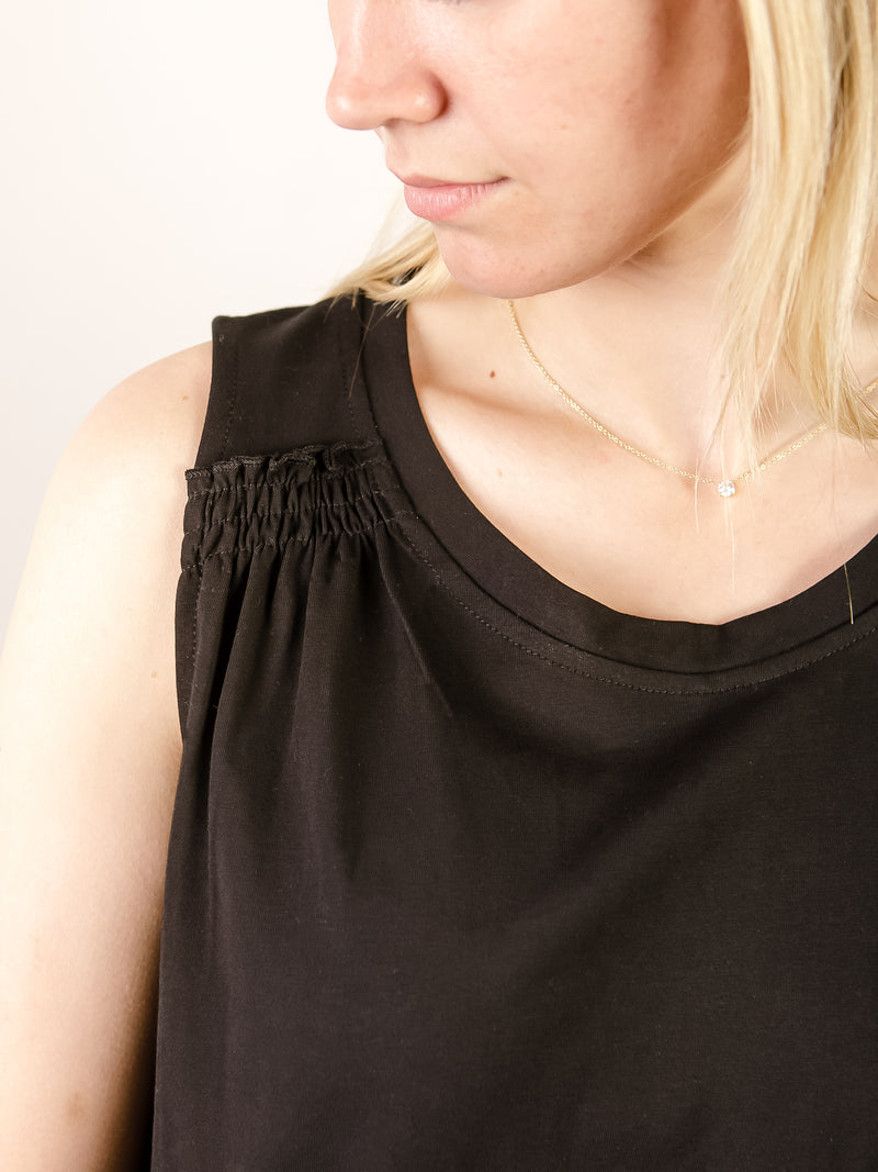 Black Sleeveless Knit with Smocked Shoulder