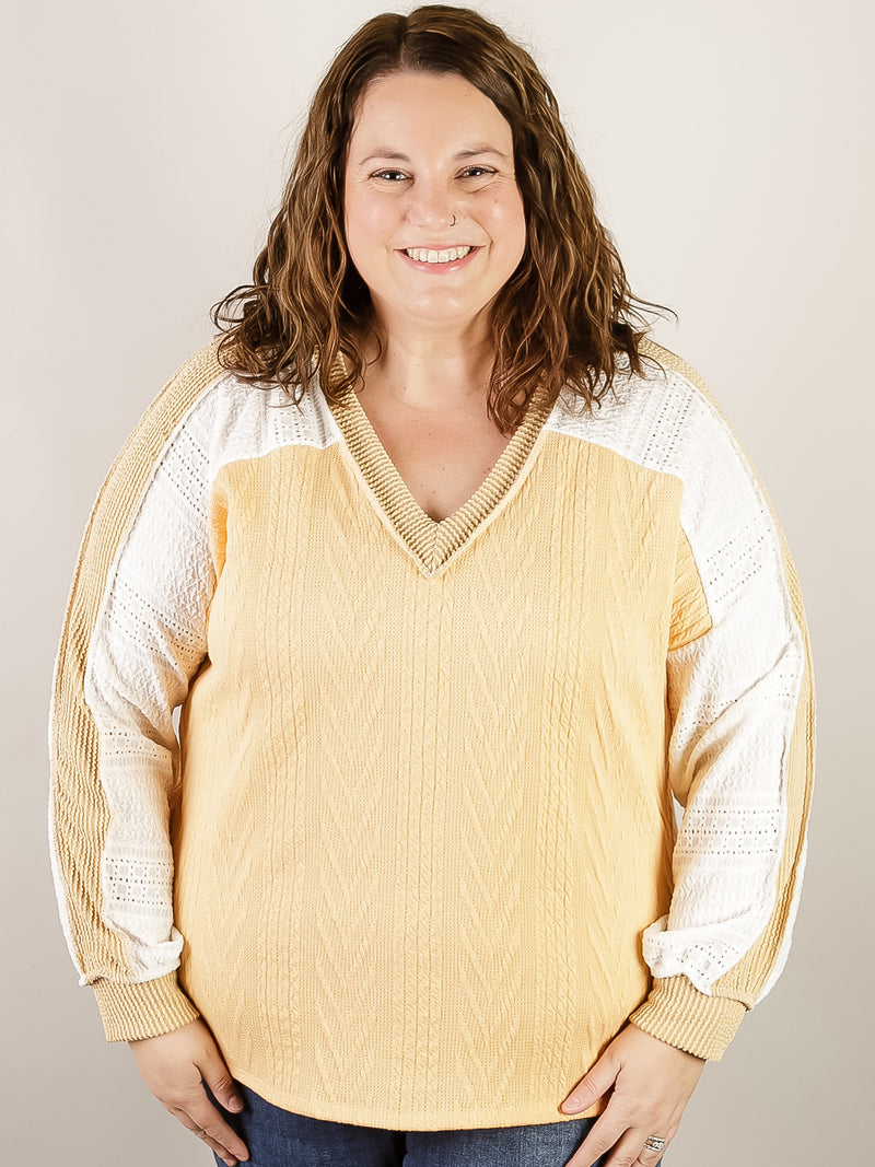 Mustard Cable Knit with Lace Sleeve