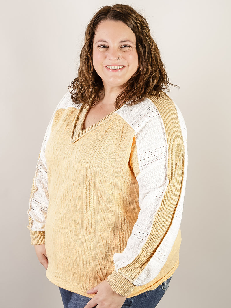 Mustard Cable Knit with Lace Sleeve