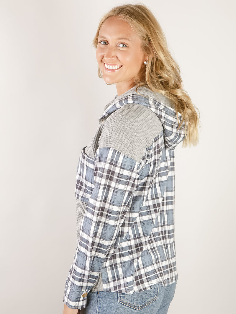 Grey and Blue Plaid Waffle Knit Hoodie