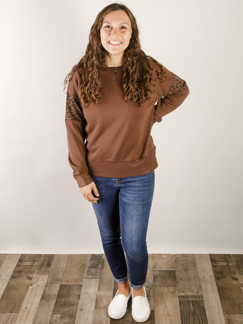 Brown with Leopard Sleeve Hooded Top
