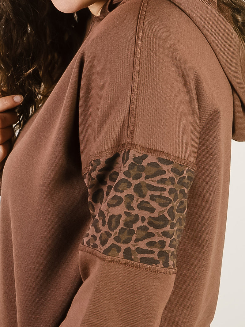 Brown with Leopard Sleeve Hooded Top