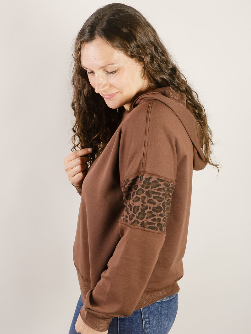 Brown with Leopard Sleeve Hooded Top