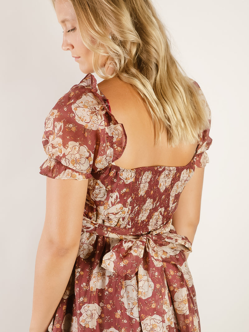 Burgundy Floral Midi Dress