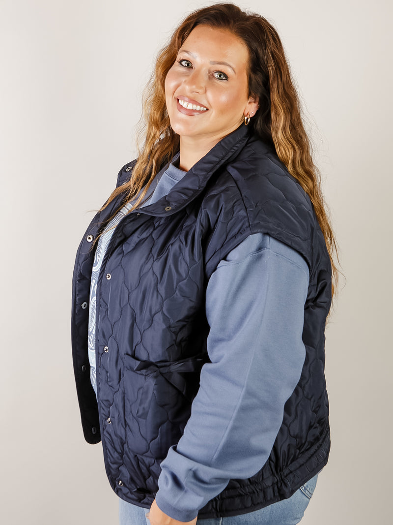 Curvy Navy Tie Detail Quilted Vest