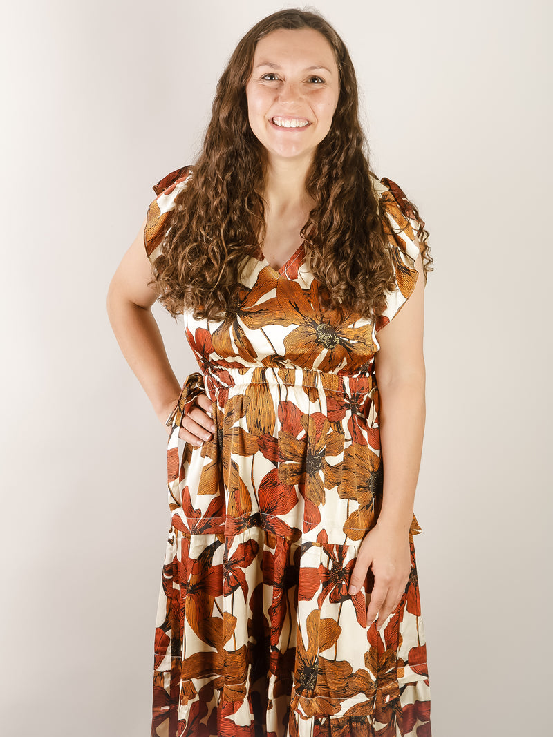 Rust Floral Satin Tiered Dress