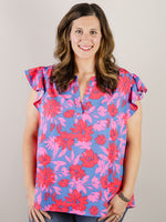 Curvy Royal Blue and Fuchsia Floral Sleeveless Blouse