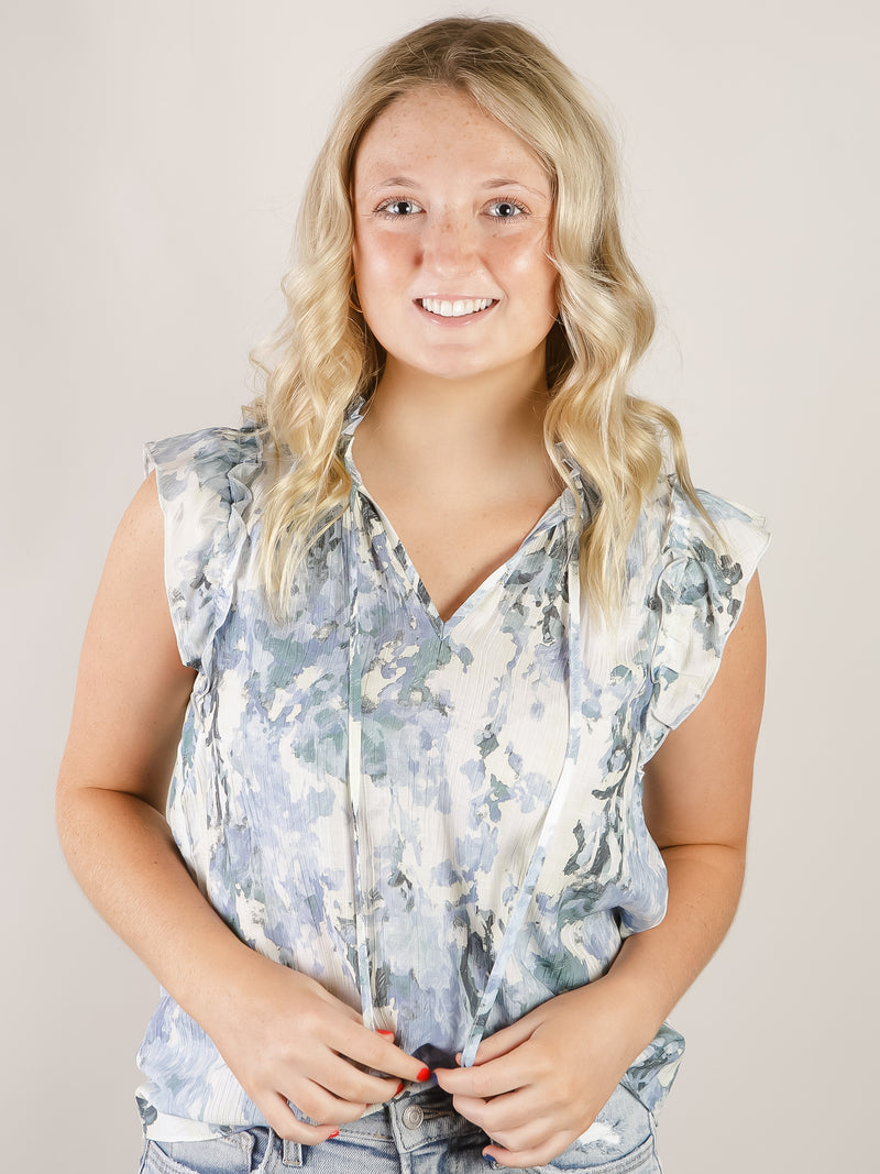 Blue Floral Print Ruffled Sleeveless Top
